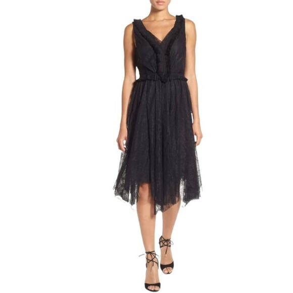 Kobi Halperin Romantic Black Tulle Lace Special Occasion Midi Dress Black 4 - Picture 1 of 11
